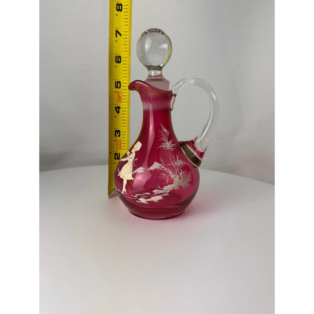 Vintage Mary Gregory Style Cranberry Glass Decanter Pink Enamel Girl 7.5in Good
